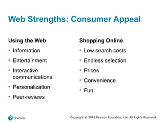 Copyright © 2018 Pearson Education, Ltd. All Rights Reserved.
Web Strengths: Consumer Appeal
Using the Web
• Information
• Entertainment
• Interactive
communications
• Personalization
• Peer-reviews
Shopping Online
• Low search costs
• Endless selection
• Prices
• Convenience
• Fun
 