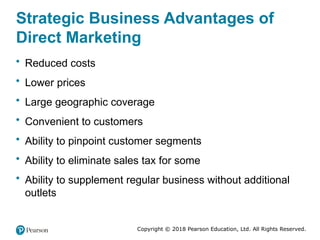 Copyright © 2018 Pearson Education, Ltd. All Rights Reserved.
Strategic Business Advantages of
Direct Marketing
• Reduced costs
• Lower prices
• Large geographic coverage
• Convenient to customers
• Ability to pinpoint customer segments
• Ability to eliminate sales tax for some
• Ability to supplement regular business without additional
outlets
 
