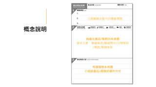 三個關鍵活動中的體驗價值
根據服務系統圖
介紹該產品/服務的運作方式
描繪出產品/服務的系統圖
基本元素：關鍵資源/關鍵夥伴/目標客群
/通路/關鍵業務
概念說明
體驗價值
 