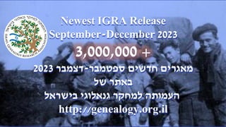 Newest IGRA Release
September-December 2023
3,000,000 +
‫חדשים‬ ‫מאגרים‬
‫ספטמבר‬
-
‫דצמבר‬
2023
‫באתר‬
‫של‬
‫העמותה‬
‫למחקר‬
‫בישראל‬ ‫גנאלוגי‬
http://genealogy.org.il
 