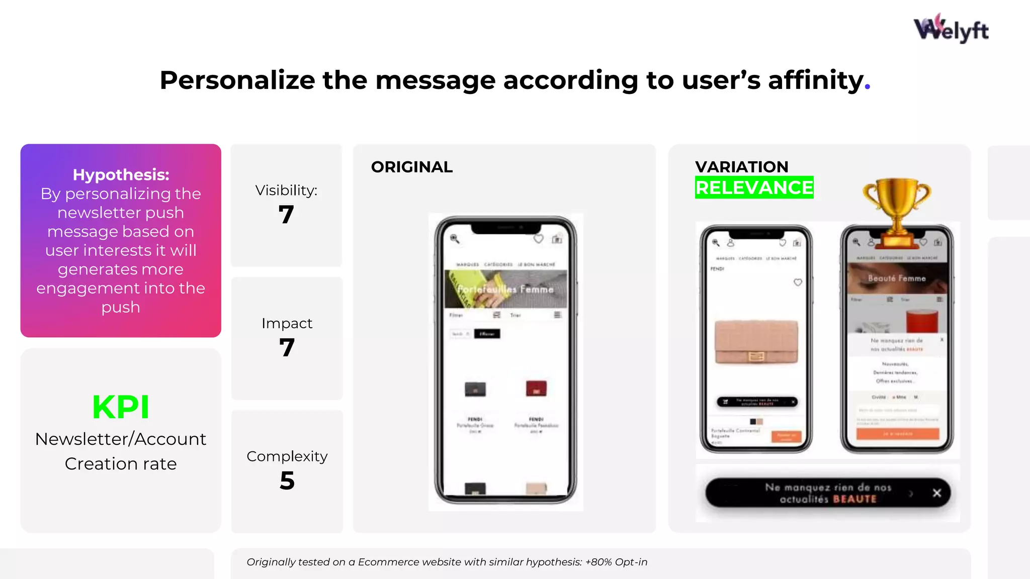 Hypothesis:
By personalizing the
newsletter push
message based on
user interests it will
generates more
engagement into the
push
KPI
Newsletter/Account
Creation rate
Personalize the message according to user’s affinity.​
ORIGINAL VARIATION
RELEVANCE
Visibility:
7
Impact
7
Complexity
5
Originally tested on a Ecommerce website with similar hypothesis: +80% Opt-in
 