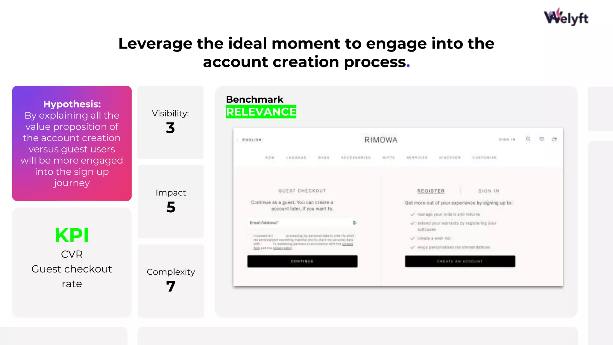 Hypothesis:
By explaining all the
value proposition of
the account creation
versus guest users
will be more engaged
into the sign up
journey
KPI
CVR
Guest checkout
rate
Leverage the ideal moment to engage into the
account creation process.
Benchmark
RELEVANCE
Visibility:
3
Impact
5
Complexity
7
 