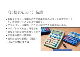 （比較表を元に）結論
• 新規よりリユース関係の方が直接計測のメリットは若干ありそ
う。倉庫ビジネスなどとの融合も。
• プライバシーは課題。そこさえ解決できれば強みもある。
• ハイブリッドもあり得るかも
• 異なる技術なので連携も可能？
• 計測系の特許は要調査
• 使用AI技術の要検討（確認）
• LLMかGANかまたは・・・
プロンプト「勝算」でAI生成
 