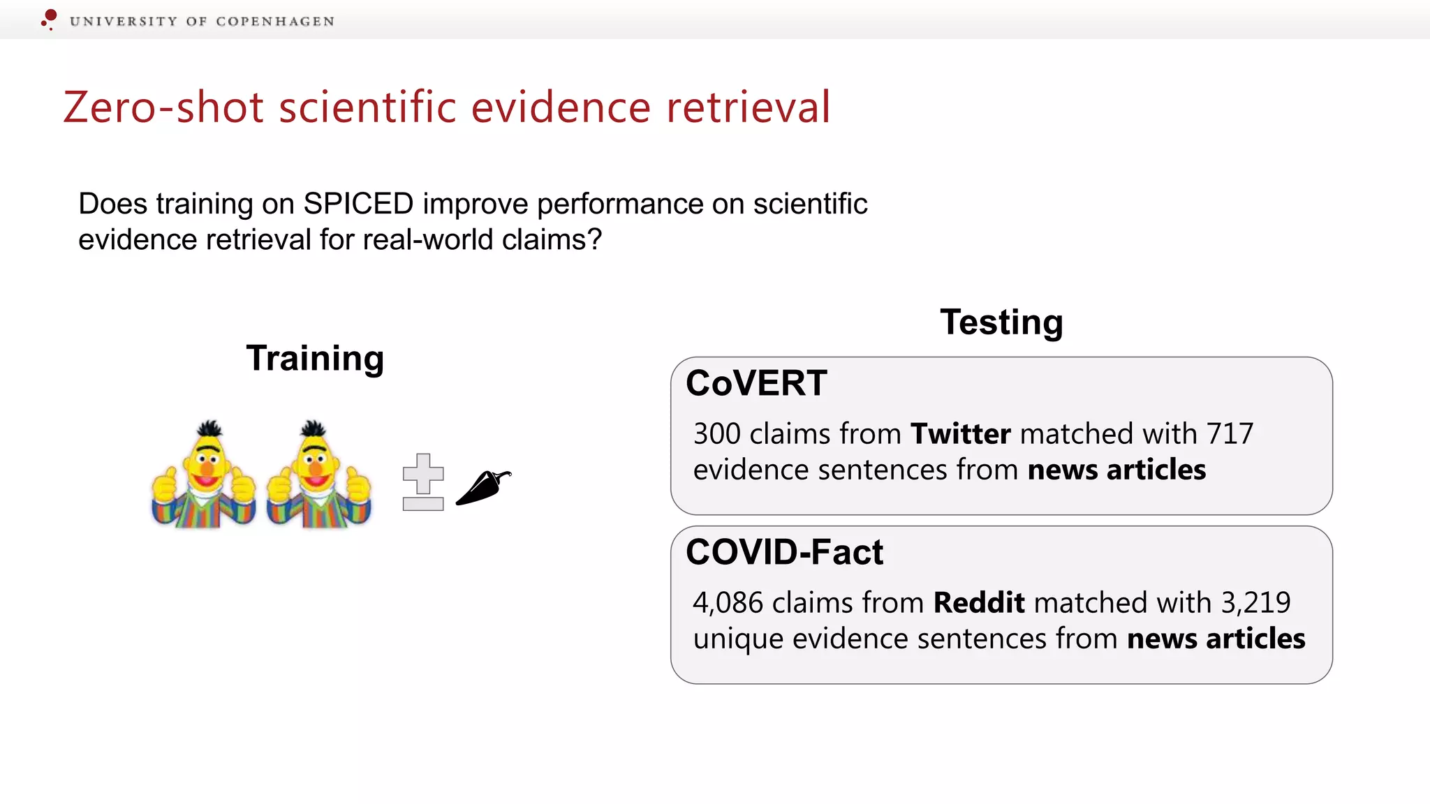 Zero-shot scientific evidence retrieval
Does training on SPICED improve performance on scientific
evidence retrieval for real-world claims?
🌶
300 claims from Twitter matched with 717
evidence sentences from news articles
CoVERT
4,086 claims from Reddit matched with 3,219
unique evidence sentences from news articles
COVID-Fact
Training
Testing
 