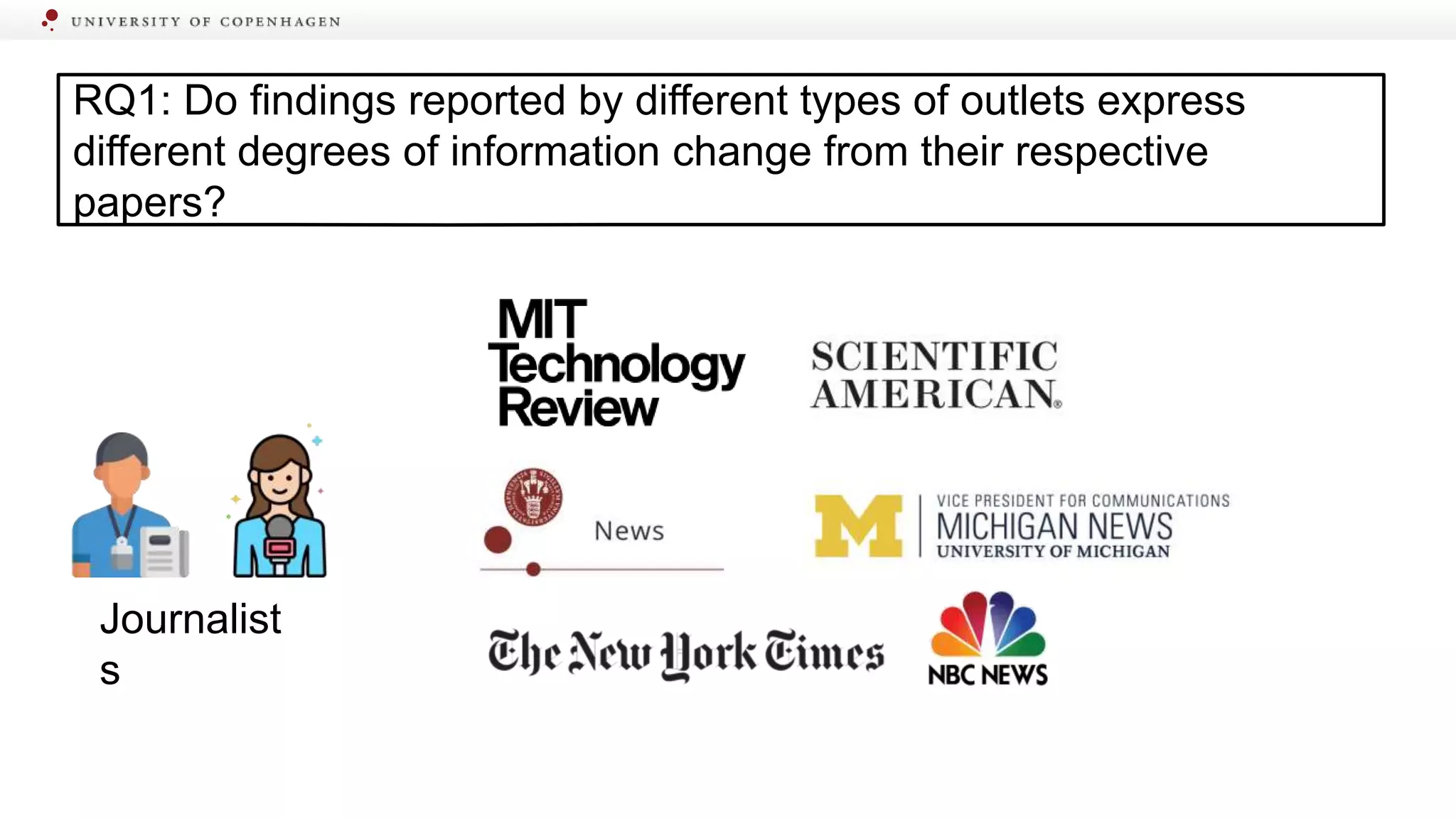 Journalist
s
RQ1: Do findings reported by different types of outlets express
different degrees of information change from their respective
papers?
 