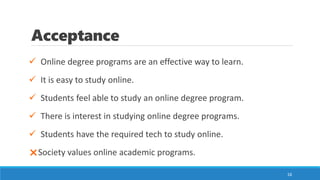 Acceptance
✓ Online degree programs are an effective way to learn.
✓ It is easy to study online.
✓ Students feel able to study an online degree program.
✓ There is interest in studying online degree programs.
✓ Students have the required tech to study online.
Society values online academic programs.
16
 