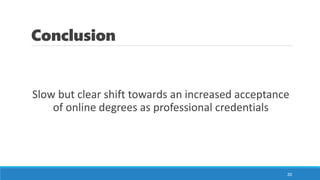 Conclusion
Slow but clear shift towards an increased acceptance
of online degrees as professional credentials
20
 