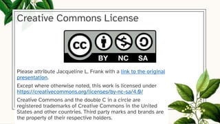 Creative Commons License
Please attribute Jacqueline L. Frank with a link to the original
presentation.
Except where otherwise noted, this work is licensed under
https://creativecommons.org/licenses/by-nc-sa/4.0/
Creative Commons and the double C in a circle are
registered trademarks of Creative Commons in the United
States and other countries. Third party marks and brands are
the property of their respective holders.
 