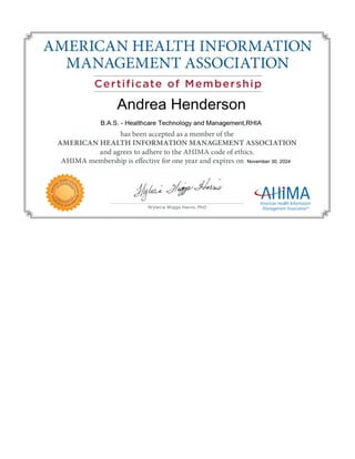 Henderson AHIMA Certificate of Membership
