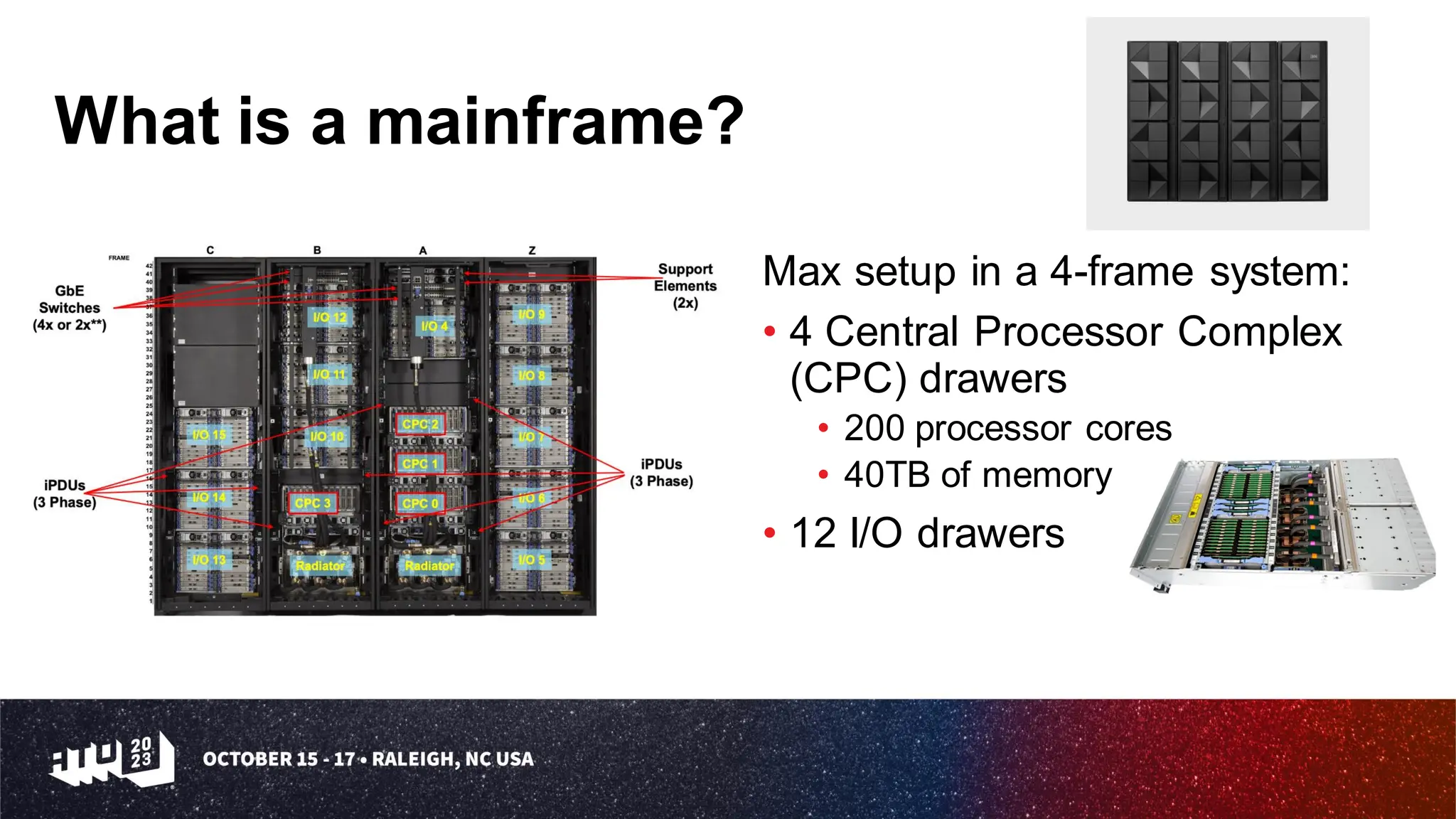 What is a mainframe?
Max setup in a 4-frame system:
• 4 Central Processor Complex
(CPC) drawers
• 200 processor cores
• 40TB of memory
• 12 I/O drawers
 