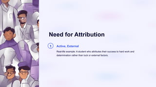 Need for Attribution
1 Active, External
Real-life example: A student who attributes their success to hard work and
determination rather than luck or external factors.
 