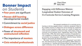 • Four years are signi
fi
cant
• Proven skill learning
(developmental model)
• Commitment to social justice
• Dialogue across difference
• Power of structured and
unstructured re
fl
ection
• The importance of mentors
• Civic-minded professionals
Bonner Impact
on Students
 
