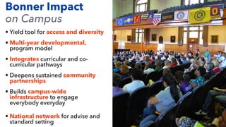 • Yield tool for access and diversity
• Multi-year developmental,
program model
• Integrates curricular and co-
curricular pathways
• Deepens sustained community
partnerships
• Builds campus-wide
infrastructure to engage
everybody everyday
• National network for advise and
standard setting
Bonner Impact
on Campus
 