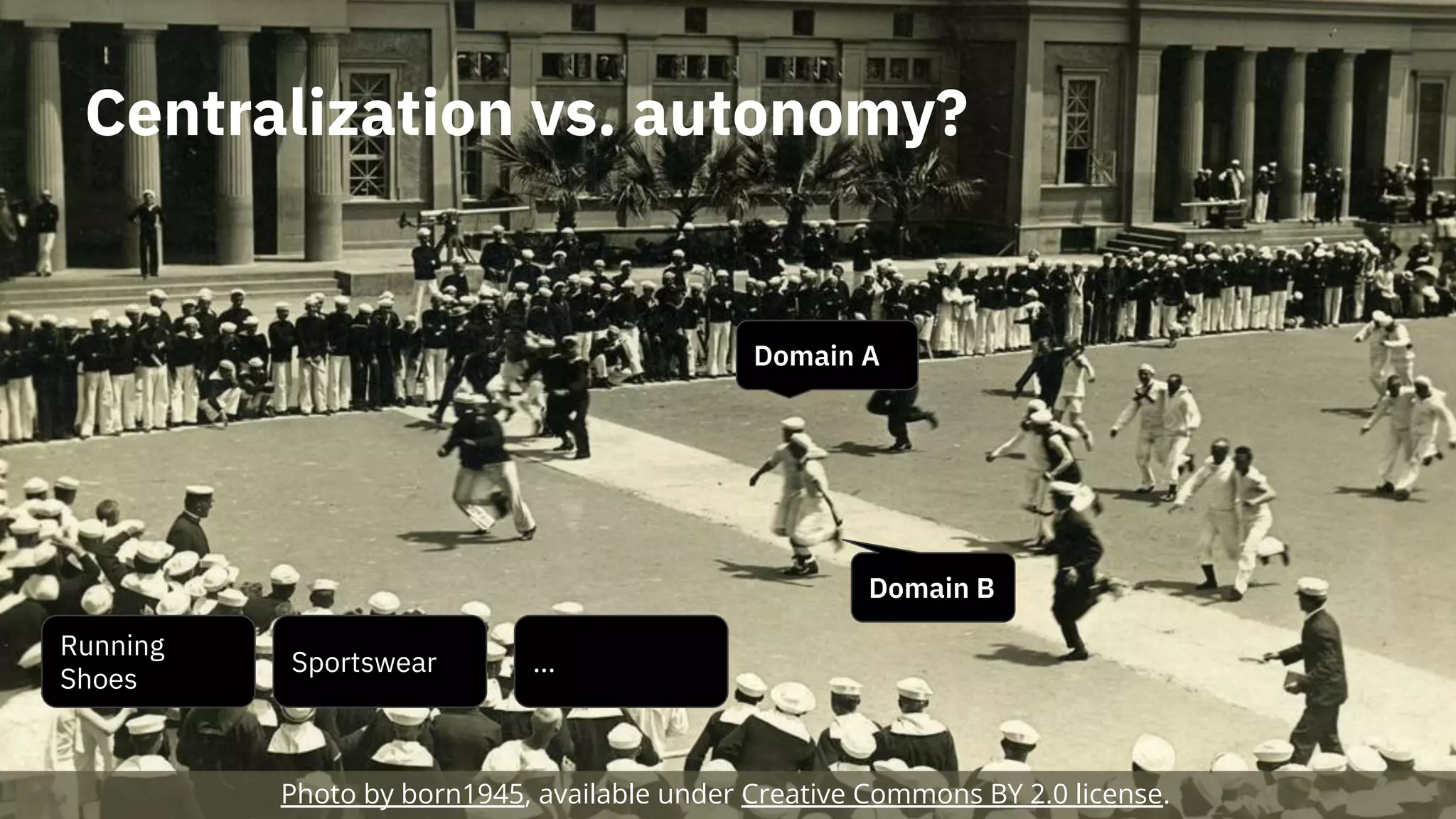Centralization vs. autonomy?
Photo by born1945, available under Creative Commons BY 2.0 license.
Domain A
Domain B
Running
Shoes
Sportswear …
 