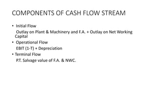 COMPONENTS OF CASH FLOW STREAM
• Initial Flow
Outlay on Plant & Machinery and F.A. + Outlay on Net Working
Capital
• Operational Flow
EBIT (1-T) + Depreciation
• Terminal Flow
P.T. Salvage value of F.A. & NWC.
 