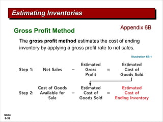 Slide
6-39
The gross profit method estimates the cost of ending
inventory by applying a gross profit rate to net sales.
Gross Profit Method
Illustration 6B-1
 