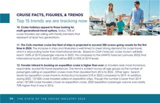 T H E S TAT E O F T H E C R U I S E I N D U S T R Y 2 0 2 3
2 6
10. Cruise holidays appeal to those looking for
multi-generational travel options. Today 73% of
cruise travelers are sailing with family members that
represent at least two generations.
11. The CLIA-member cruise line fleet of ships is projected to exceed 300 ocean-going vessels for the first
time in 2024. The increase in ships and itineraries is well-timed to meet strong demand for cruise travel,
which is rebounding faster than international arrivals. Based on CLIA's forecast, cruise tourism will likely
reach 106% of 2019 passenger volume in 2023. This compares to the UNWTO forecast (January 2023) that
international tourist arrivals in 2023 will be 80% to 95% of 2019 levels.
12. Traveler interest in booking an expedition cruise is higher than ever as travelers seek more immersive,
responsible, bucket-list travel experiences. The trend is evident across all age groups as the number of
passengers sailing on expedition cruises more than doubled from 2016 to 2022. Other signs: Search
results for expedition cruise travel to Antarctica increased 51% in 2022 compared to 2019. In addition,
during 2022, 137,000 cruise travelers sailed on expedition ships. Though this number is lower than 2019
when 187,000 cruise travelers chose an expedition cruise, 2022 expedition passenger volume was nearly
70% higher than it was in 2016.
CRUISE FACTS, FIGURES, & TRENDS
Top 15 trends we are tracking now
 