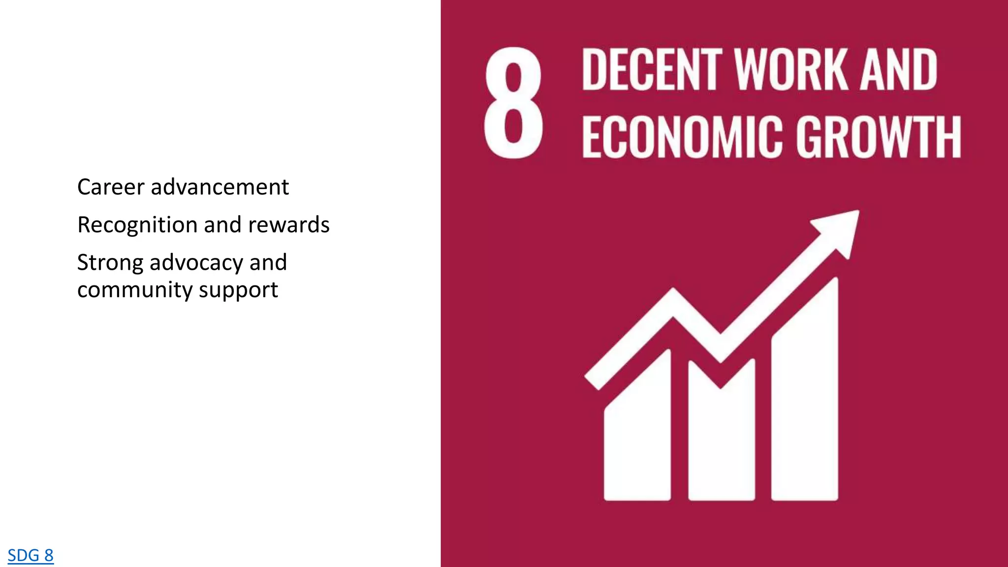 SDG 8
Career advancement
Recognition and rewards
Strong advocacy and
community support
 