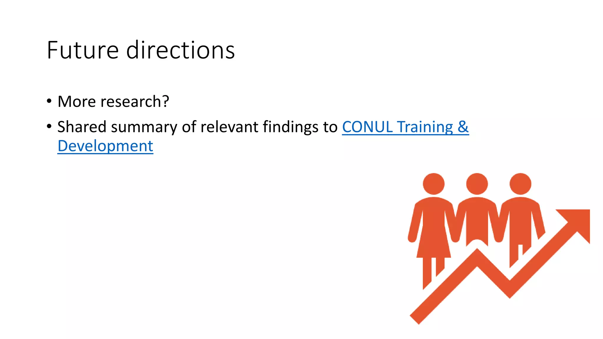Future directions
• More research?
• Shared summary of relevant findings to CONUL Training &
Development
 