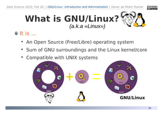Data Science 2023, Feb 20. | GNU/Linux: Introduction and Administration | Xavier de Pedro Puente
10
What is GNU/Linux?
It is ...

An Open Source (Free/Libre) operating system

Sum of GNU surroundings and the Linux kernel/core

Compatible with UNIX systems
GNU/Linux
(a.k.a «Linux»)
 