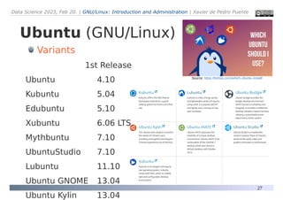 Data Science 2023, Feb 20. | GNU/Linux: Introduction and Administration | Xavier de Pedro Puente
27
Variants
1st Release
Ubuntu 4.10
Kubuntu 5.04
Edubuntu 5.10
Xubuntu 6.06 LTS
Mythbuntu 7.10
UbuntuStudio 7.10
Lubuntu 11.10
Ubuntu GNOME 13.04
Ubuntu Kylin 13.04
Source: https://itsfoss.com/which-ubuntu-install/
Ubuntu (GNU/Linux)
 