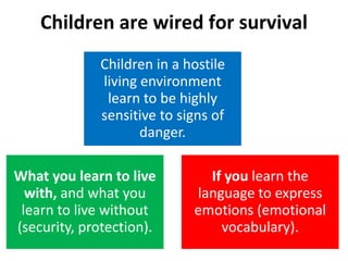 Children are wired for survival
Children in a hostile
living environment
learn to be highly
sensitive to signs of
danger.
What you learn to live
with, and what you
learn to live without
(security, protection).
If you learn the
language to express
emotions (emotional
vocabulary).
 