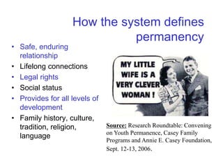 How the system defines
permanency
• Safe, enduring
relationship
• Lifelong connections
• Legal rights
• Social status
• Provides for all levels of
development
• Family history, culture,
tradition, religion,
language
Source: Research Roundtable: Convening
on Youth Permanence, Casey Family
Programs and Annie E. Casey Foundation,
Sept. 12-13, 2006.
 