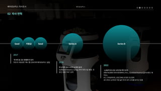 베어로보틱스
02 자사연혁
베어로보틱스자사조사
2022


1,000억원규모시리즈B투자유치

IMMPE(IMM프라이빗에쿼티)리드,ClevelandAvenue(클리브랜드애
비뉴),

KT,스마일게이트,DSC인베스트먼트등참여

유사회사12개중가장높은투자유치규모를보이고있음
2020 


약370억규모시리즈A투자유치

SoftBankRoboticsGroup과의파트너십발표.첫
양산모델‘서비’공개
2017


약9억원규모엔젤투자유치

최초의서빙로봇‘페니’를선보이며베어로보틱스설립
Seed Seed
지원금 SeriesB
SeriesA
 