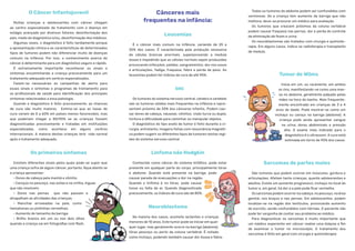 O Câncer Infantojuvenil
Muitas crianças e adolescentes com câncer chegam
ao centro especializado de tratamento com a doença em
estágio avançado por diversos fatores: desinformação dos
pais, medo do diagnóstico e/ou, desinformação dos médicos.
Algumas vezes, o diagnóstico é feito tardiamente porque
a apresentação clínica e as características de determinados
tipos de tumores podem não diferenciar muito de doenças
comuns na infância. Por isso, o conhecimento acerca do
câncer é determinante para um diagnóstico seguro e rápido.
É extremamente importante reconhecer os sinais e
sintomas encaminhando a criança precocemente para um
tratamento adequado em centros especializados.
Fazem-se necessárias as campanhas de alerta para
esses sinais e sintomas e programas de treinamento para
os profissionais de saúde para identificação dos principais
sintomas relacionados a essa patologia.
Quando o diagnóstico é feito precocemente, as chances
de cura são muito maiores. Estima-se que as taxas de
cura variam de 0 a 60% em países menos favorecidos, mas
que poderiam chegar a 80/90% se as crianças fossem
diagnosticadas precocemente e tratadas em instituições
especializadas, como acontece em alguns centros
internacionais. A maioria destas crianças terá vida normal
após o tratamento adequado.
Os primeiros sintomas
Existem diferentes sinais pelos quais pode-se supor que
uma criança sofra de algum câncer, portanto, fique atento se
a criança apresentar:
• Dores de cabeça pela manhã e vômito;
• Caroços no pescoço, nas axilas e na virilha, ínguas
que não resolvem;
• Dores nas pernas que não passam e
atrapalham as atividades das crianças;
• Manchas arroxeadas na pele, como
hematomas ou pintinhas vermelhas;
• Aumento de tamanho da barriga;
• Brilho branco em um ou nos dois olhos
quando a criança sai em fotografias com flash.
Cânceres mais
frequentes na infância:
Leucemias
É o câncer mais comum na infância, variando de 25 a
35% dos casos. É caracterizada pela produção excessiva
de células brancas anormais, superpovoando a medula
óssea e impedindo que as células normais sejam produzidas
provocando infecções, palidez, sangramentos, dor nos ossos
e articulações, fadiga, fraqueza, febre e perda de peso. As
leucemias podem ter índices de cura de até 90%.
SNC
Os tumores do sistema nervoso central, cérebro e cerebelo
são os tumores sólidos mais frequentes na infância e repre-
sentam próximo de 20% dos cânceres infantis. Podem cau-
sar dores de cabeça, náuseas, vômitos, visão turva ou dupla,
tontura e dificuldade para caminhar ou manipular objetos.
O diagnóstico do tipo exato de tumor é feito durante a ci-
rurgia, entretanto, imagens feitas com ressonância magnéti-
ca podem sugerir os diferentes tipos de tumores nestas regi-
ões do sistema nervoso central.
Linfoma não Hodgkin
Conhecido como câncer do sistema linfático, pode estar
presente em qualquer parte do corpo, principalmente tórax
e abdome. Quando está presente na barriga, pode
causar parada de evacuações e dor na região.
Quando o linfoma é no tórax, pode causar
tosse ou falta de ar. Quando diagnosticado
precocemente, os índices de cura são de 80%.
Neuroblastoma
Na maioria dos casos, acomete lactentes e crianças
menores de 10 anos. Este tumor pode se iniciar em qual-
quer lugar, mas geralmente ocorre na barriga (abdome),
tórax pescoço ou perto da coluna vertebral. É notado
como inchaço, podendo também causar dor óssea e febre.
Todos os tumores do abdome podem ser confundidos com
verminose. Se a criança tem aumento da barriga que não
melhora, deve-se procurar um médico para avaliação.
Os tumores que crescem próximos da coluna vertebral
podem causar fraqueza nas pernas, dor e perda do controle
da eliminação de fezes e urina.
Os neuroblastomas são tratados com cirurgia e quimiote-
rapia. Em alguns casos, indica-se radioterapia e transplante
de medula.
Tumor de Wilms
Inicia em um, ou raramente, em ambos
os rins, manifestando-se como uma mas-
sa no abdome, geralmente palpado pelas
mães na hora do banho. Mais frequente-
mente encontrado em crianças de 3 e 4
anos de idade. Pode mostrar-se como um
inchaço ou caroço na barriga (abdome). A
criança pode ainda apresentar sangue
na urina, dores abdominais e pressão
alta. O exame mais indicado para o
diagnóstico é o ultrassom. A cura está
estimada em torno de 90% dos casos.
Sarcomas de partes moles
São tumores que podem ocorrer em músculos, gordura e
articulações. Afetam tanto crianças, quanto adolescentes e
adultos. Existe um aumento progressivo, inchaço no local do
tumor e, em geral, há dor e a pele pode ficar vermelha.
Os sarcomas podem ocorrer na cabeça, no pescoço, na área
genital, nos braços e nas pernas. Em adolescentes, podem
localizar-se na região dos testículos, provocando aumento
do escroto, sendo confundidos com hérnias. O paciente não
pode ter vergonha de contar seu problema ao médico.
Para diagnosticar os sarcomas é muito importante que
um médico experiente em câncer realize uma biópsia a fim
de examinar o tumor no microscópio. O tratamento dos
sarcomas é feito em geral com cirurgia e quimioterapia
 