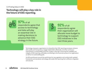 15 2023 Global ESG Practitioner Survey
3.3 Finding Value in ESG
Technology will play a key role in
the future of ESG reporting.
Technology empowers organizations to streamline their ESG reporting processes, enhance
data quality and transparency, engage stakeholders effectively, and drive continuous
improvement in sustainability practices. It plays a vital role in ensuring the credibility and
integrity of ESG reporting, ultimately contributing to the financial success of an organization
as well as its sustainability goals.
As ESG practitioners around the world brace for new regulation and contend with updated
frameworks and standards, technology will enable ESG reporting that is efficient, integrated,
and assured.
97%of all
respondents agree that
access to technology
and data will play
an essential role in
making decisions to
advance their ESG
strategy in the future.
92%of all
respondents agree
their organization will
allocate more budget to
technology to support
ESG initiatives in the
next three years.
 