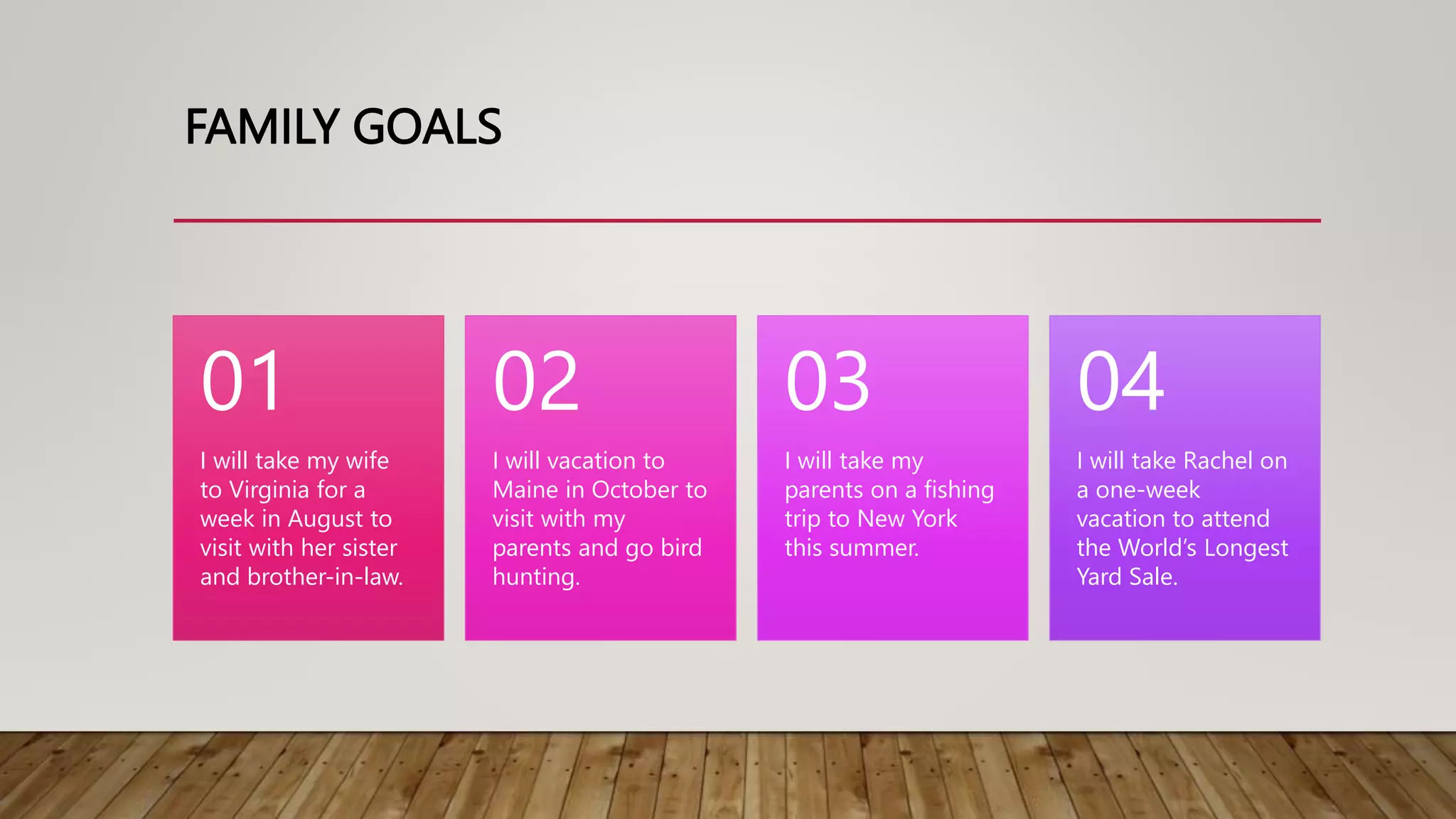 FAMILY GOALS
I will take my wife
to Virginia for a
week in August to
visit with her sister
and brother-in-law.
01
I will vacation to
Maine in October to
visit with my
parents and go bird
hunting.
02
I will take my
parents on a fishing
trip to New York
this summer.
03
I will take Rachel on
a one-week
vacation to attend
the World’s Longest
Yard Sale.
04
 