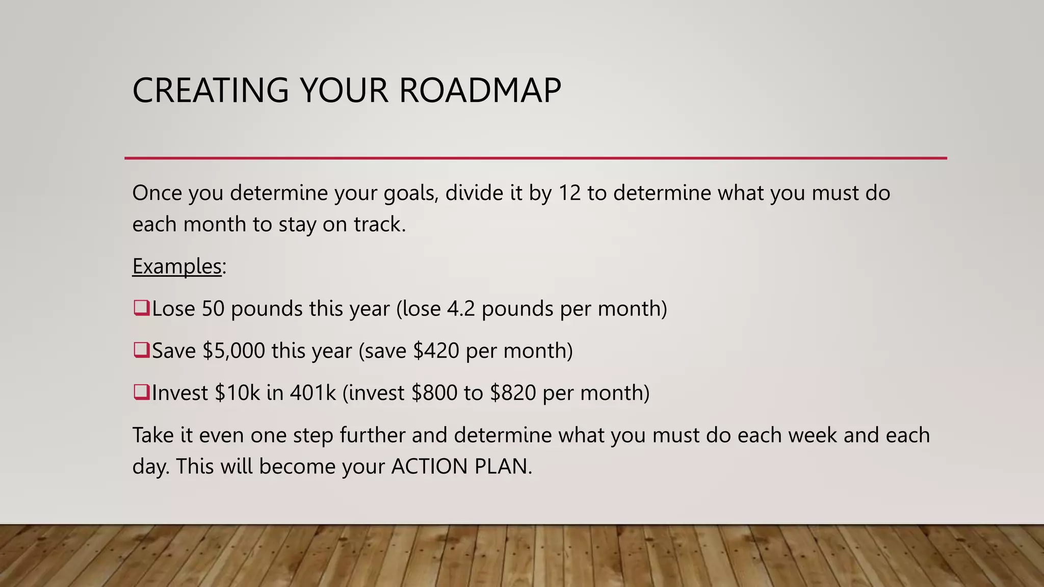 CREATING YOUR ROADMAP
Once you determine your goals, divide it by 12 to determine what you must do
each month to stay on track.
Examples:
Lose 50 pounds this year (lose 4.2 pounds per month)
Save $5,000 this year (save $420 per month)
Invest $10k in 401k (invest $800 to $820 per month)
Take it even one step further and determine what you must do each week and each
day. This will become your ACTION PLAN.
 