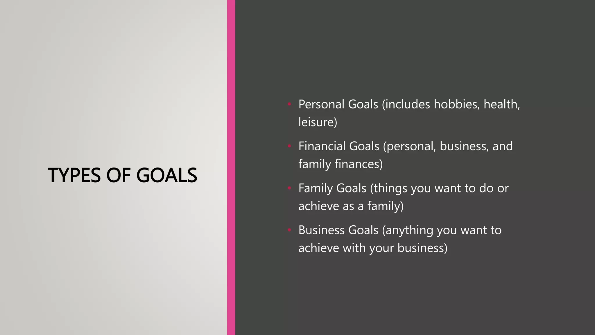TYPES OF GOALS
• Personal Goals (includes hobbies, health,
leisure)
• Financial Goals (personal, business, and
family finances)
• Family Goals (things you want to do or
achieve as a family)
• Business Goals (anything you want to
achieve with your business)
 