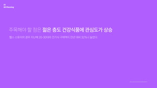 주목해야할점은젊은층도건강식품에관심도가상승
헬스스토어의경우지난해20-30대의건기식구매액이전년대비32%나늘었다.
https://www.joongang.co.kr/article/23997700#home
01 

BXPlanning
 