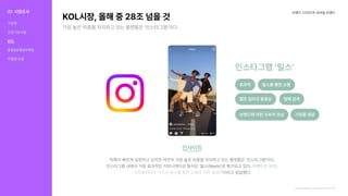 KOL시장, 올해 중 28조 넘을 것
가장 높은 비중을 차지하고 있는 플랫폼은 '인스타그램'이다.
브랜드 디자인과 내셔널 브랜드
https://www.beautynury.com/news/view/101052/cat/10
인사이트
틱톡이 빠르게 성장하고 있지만 여전히 가장 높은 비중을 차지하고 있는 플랫폼은 '인스타그램'이다.

인스타그램 내에서 가장 효과적인 커뮤니케이션 형식은 '릴스(Reels)'로 평가되고 있다.
이라고 응답했다.
브랜드의 55%,
크리에이터의 71%가 릴스를 통한 소통이 가장 효과적
인스타그램 ‘릴스'
효과적 릴스를 통한 소통
짧은 길이의 동영상
브랜드에 대한 지속적 관심 기회를 제공
협력 관계
01 시장조사
식문화
건강기능식품
KOL
홍보&유통&마케팅
차별점 도출
 