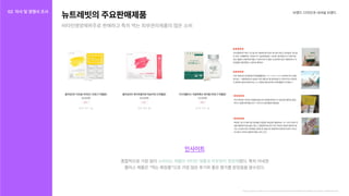 브랜드디자인과내셔널브랜드
뉴트레빗의주요판매제품
비타민영양제위주로판매하고특히먹는피부관리제품의많은소비
인사이트
종합적으로가장많이 였다.특히이네겐

플러스제품은“먹는화장품”으로가장많은후기와좋은평가를받았음을알수있다.
소비되는제품이비타민제품과피부관리영양제
https://nutrabbit.co.kr/Notice/?q=YToxOntzOjEyOiJrZXl3b3JkX3R5cGUiO3M6MzoiYWxsIjt9&bmode=view&idx=15448975&t=board
02 자사및경쟁사조사
자사조사
경쟁사조사
 