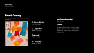 BrandIdentity 
브랜드디자인컨셉 
BrandNaming
confirmednaming
다양한브랜드후보군이나왔습니다. 후보군소개와브랜드네임을확정한것을
보여줄예정입니다.
확정된브랜드네이밍
1. SereniJelly
이태리어-행복한젤리
합성어-즐거운+터지다
2. Joyburst
PANG!
의성어-팡!터지다
3. pang!
합성어-젤리+즐거움
4. Jellyjoy
3번pang!이최종브랜드네임으로결정되었다.젤리를깨
물때소리를네이밍하였고“풍부한즐거움이젤리와함께
터져나오다”라는의미를담기도한다.마지막느낌표로그
의미를강조하였다.
 
