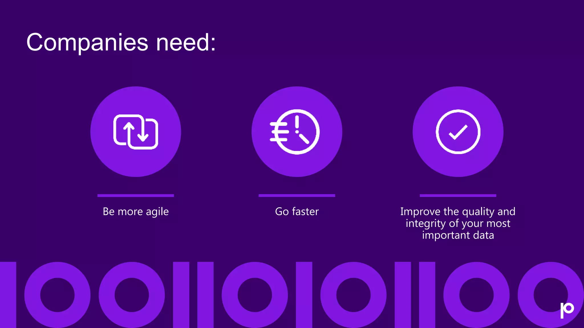 Be more agile
Companies need:
Go faster Improve the quality and
integrity of your most
important data
 