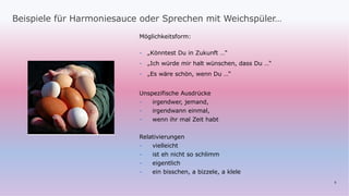 6
Beispiele für Harmoniesauce oder Sprechen mit Weichspüler…
Möglichkeitsform:
- „Könntest Du in Zukunft …“
- „Ich würde mir halt wünschen, dass Du …“
- „Es wäre schön, wenn Du …“
Unspezifische Ausdrücke
- irgendwer, jemand,
- irgendwann einmal,
- wenn ihr mal Zeit habt
Relativierungen
- vielleicht
- ist eh nicht so schlimm
- eigentlich
- ein bisschen, a bizzele, a klele
 