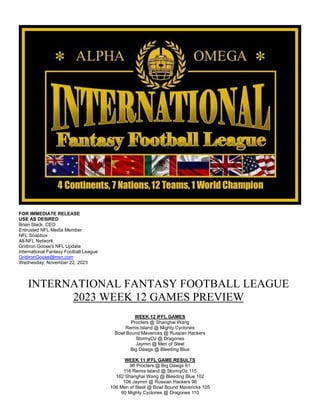 FOR IMMEDIATE RELEASE
USE AS DESIRED
Brian Slack, CEO
Entrusted NFL Media Member
NFL Soapbox
All-NFL Network
Gridiron Goose's NFL Update
International Fantasy Football League
GridironGoose@msn.com
Wednesday, November 22, 2023
INTERNATIONAL FANTASY FOOTBALL LEAGUE
2023 WEEK 12 GAMES PREVIEW
WEEK 12 IFFL GAMES
Procters @ Shanghai Wang
Remis Island @ Mighty Cyclones
Bowl Bound Mavericks @ Russian Hackers
StormyOz @ Dragones
Jaymin @ Men of Steel
Big Dawgs @ Bleeding Blue
WEEK 11 IFFL GAME RESULTS
96 Procters @ Big Dawgs 81
116 Remis Island @ StormyOz 115
162 Shanghai Wang @ Bleeding Blue 102
106 Jaymin @ Russian Hackers 96
106 Men of Steel @ Bowl Bound Mavericks 105
90 Mighty Cyclones @ Dragones 110
 