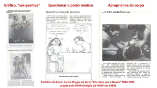 Apropriar-se do corpo
Questionar o poder médico
Gráfico, “sex-positive”
Cartilhas da Fund. Carlos Chagas da Série “Este Sexo que é Nosso” 1984-1985
usadas pelo PAISM (edição da PMSP em 1989)
 