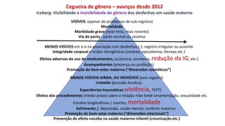 VISÍVEIS: (apesar de problemas de sub-registro)
Mortalidade
Morbidade grave (near-miss, mais recente)
Via de parto - parto normal ou cesárea
MENOS VISÍVEIS em si e na associação com desfechos (-): registro irregular ou ausente
Integridade corporal e lesões iatrogênicas (cesárea, episiotomia, fórceps etc.)
Efeitos adversos do uso de medicamentos, (ocitocina, anestesia, redução da IG, etc.)
Acompanhantes (presença ou proibição)
Promoção do bem-estar materno (“dimensões cosméticas”)
MENOS VISÍVEIS AINDA, OU INVISÍVEIS (sem registro)
Kristeller (pressão fúndica)
Experiências traumáticas (violência, TEPT)
Efeitos dos procedimentos (médio prazo) sobre a relação mãe-bebê amamentação, sexualidade etc.
Estudos longitudinais / coortes, mortalidade
Sofrimento /, depressão, saúde mental, conforto materno
Promoção do bem-estar materno (“dimensões relacionais”)
Prevenção do efeito nocebo na saúde materno-infantil (cmunicação etc.)
Cegueira de gênero – avanços desde 2012
Iceberg: Visibilidade e invisibilidade de gênero dos desfechos em saúde materna
 
