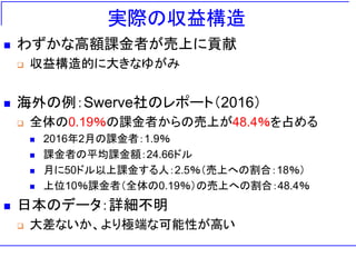 実際の収益構造
◼ わずかな高額課金者が売上に貢献
❑ 収益構造的に大きなゆがみ
◼ 海外の例：Swerve社のレポート（2016）
❑ 全体の0.19％の課金者からの売上が48.4％を占める
◼ 2016年2月の課金者：1.9％
◼ 課金者の平均課金額：24.66ドル
◼ 月に50ドル以上課金する人：2.5％（売上への割合：18％）
◼ 上位10％課金者（全体の0.19％）の売上への割合：48.4％
◼ 日本のデータ：詳細不明
❑ 大差ないか、より極端な可能性が高い
 