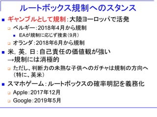 ルートボックス規制へのスタンス
◼ ギャンブルとして規制：大陸ヨーロッパで活発
❑ ベルギー：2018年4月から規制
◼ EAが規制に応じず捜索（9月）
❑ オランダ：2018年6月から規制
◼ 米，英，日：自己責任の価値観が強い
→規制には消極的
❑ ただし、判断力の未熟な子供へのガチャは規制の方向へ
（特に、英米）
◼ スマホゲーム：ルートボックスの確率明記を義務化
❑ Apple：2017年12月
❑ Google：2019年5月
 