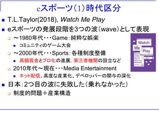 eスポーツ（1）時代区分
◼ T.L.Taylor(2018), Watch Me Play
◼ eスポーツの発展段階を3つの波（wave）として表現
❑ ～1980年代・・・Game：純粋な娯楽
◼ コミュニティのゲーム大会
❑ ～2000年代・・・Sports：各種制度整備
◼ 高額賞金とプロ化の進展，第三者機関の設立など
❑ 2010年代～現在・・・Media Entertainment
◼ ネット配信、高度な産業化、デベロッパーの関与の深化
◼ 日本：2つ目の波に失敗した（乗れなかった）
❑ 制度的問題＋産業構造
 