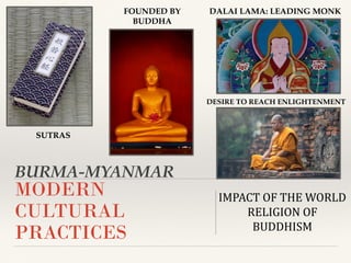BURMA-MYANMAR
MODERN
CULTURAL
PRACTICES
IMPACT OF THE WORLD
RELIGION OF
BUDDHISM
SUTRAS
FOUNDED BY
BUDDHA
DALAI LAMA: LEADING MONK
DESIRE TO REACH ENLIGHTENMENT
 