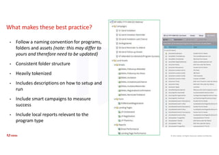 © 2021 Adobe. All Rights Reserved. Adobe Confidential.
What makes these best practice?
• Follow a naming convention for programs,
folders and assets (note: this may differ to
yours and therefore need to be updated)
• Consistent folder structure
• Heavily tokenized
• Includes descriptions on how to setup and
run
• Include smart campaigns to measure
success
• Include local reports relevant to the
program type
 