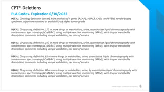 © Health Catalyst. Confidential and Proprietary.
0053U, Oncology (prostate cancer), FISH analysis of 4 genes (ASAP1, HDAC9, CHD1 and PTEN), needle biopsy
specimen, algorithm reported as probability of higher tumor grade
0143U, Drug assay, definitive, 120 or more drugs or metabolites, urine, quantitative liquid chromatography with
tandem mass spectrometry (LC-MS/MS) using multiple reaction monitoring (MRM), with drug or metabolite
description, comments including sample validation, per date of service
0144U, Drug assay, definitive, 160 or more drugs or metabolites, urine, quantitative liquid chromatography with
tandem mass spectrometry (LC-MS/MS) using multiple reaction monitoring (MRM), with drug or metabolite
description, comments including sample validation, per date of service
0145U, Drug assay, definitive, 65 or more drugs or metabolites, urine, quantitative liquid chromatography with
tandem mass spectrometry (LC-MS/MS) using multiple reaction monitoring (MRM), with drug or metabolite
description, comments including sample validation, per date of service
0146U, Drug assay, definitive, 80 or more drugs or metabolites, urine, by quantitative liquid chromatography with
tandem mass spectrometry (LC-MS/MS) using multiple reaction monitoring (MRM), with drug or metabolite
description, comments including sample validation, per date of service
PLA Codes- Expiration 6/30/2023
CPT® Deletions
 