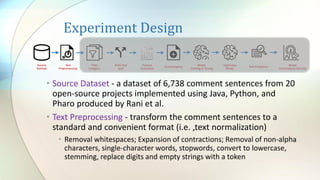 Experiment Design
• Source Dataset - a dataset of 6,738 comment sentences from 20
open-source projects implemented using Java, Python, and
Pharo produced by Rani et al.
• Text Preprocessing - transform the comment sentences to a
standard and convenient format (i.e. ,text normalization)
• Removal whitespaces; Expansion of contractions; Removal of non-alpha
characters, single-character words, stopwords, convert to lowercase,
stemming, replace digits and empty strings with a token
 