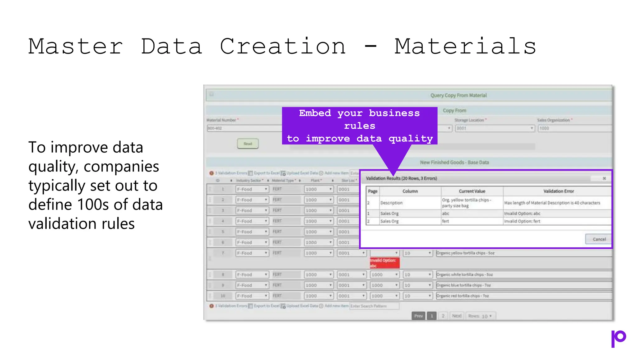 Master Data Creation - Materials
To improve data
quality, companies
typically set out to
define 100s of data
validation rules
Embed your business
rules
to improve data quality
 